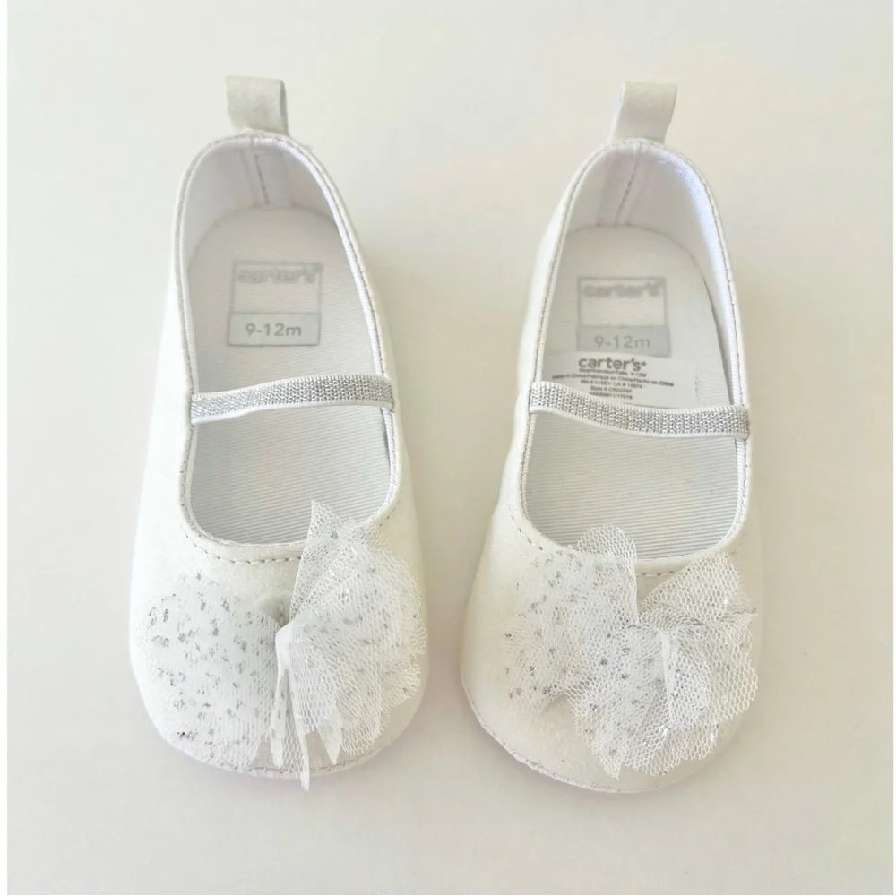 Carter's White Baby Girl Tulle Bow Mary Jane Shoes, Silver Glitter, 9-12 Months